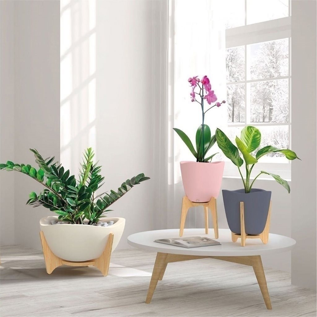 MACETA C/BASE MADERA 38X20CM TRYAS BLANCO