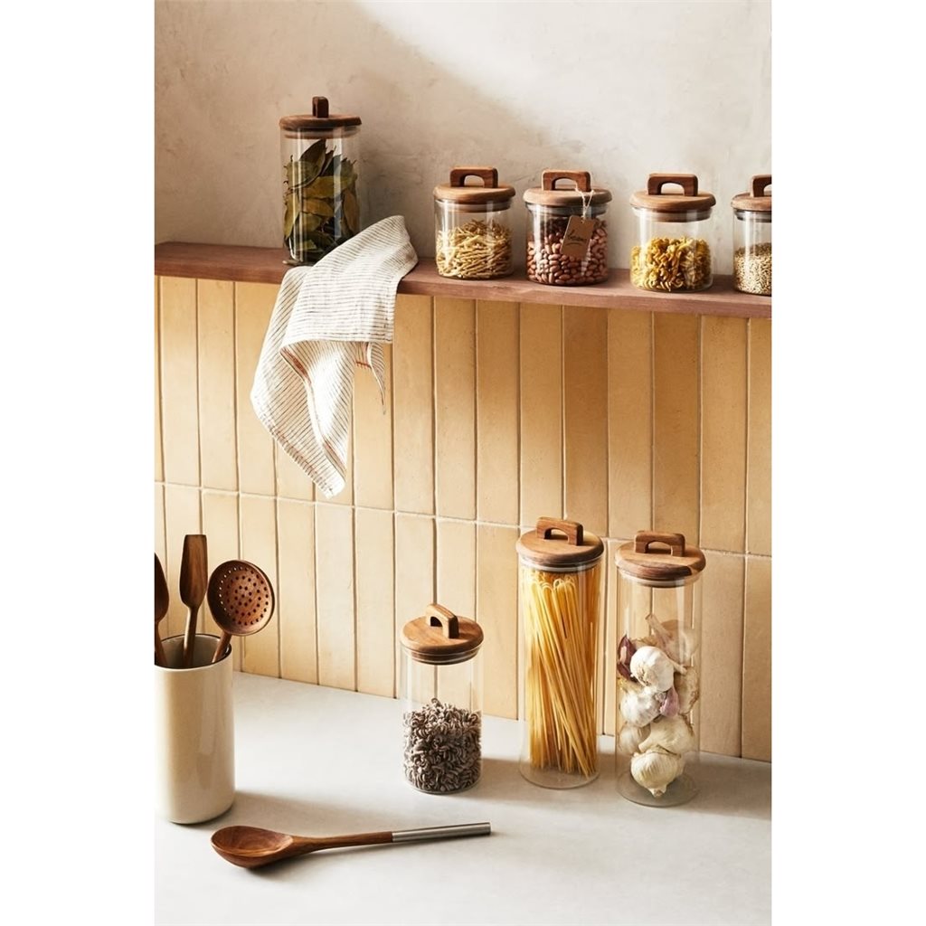 RECIPIENTE VIDRIO LABRADO C/TAPA MADERA 1200ML 11X11X20CM