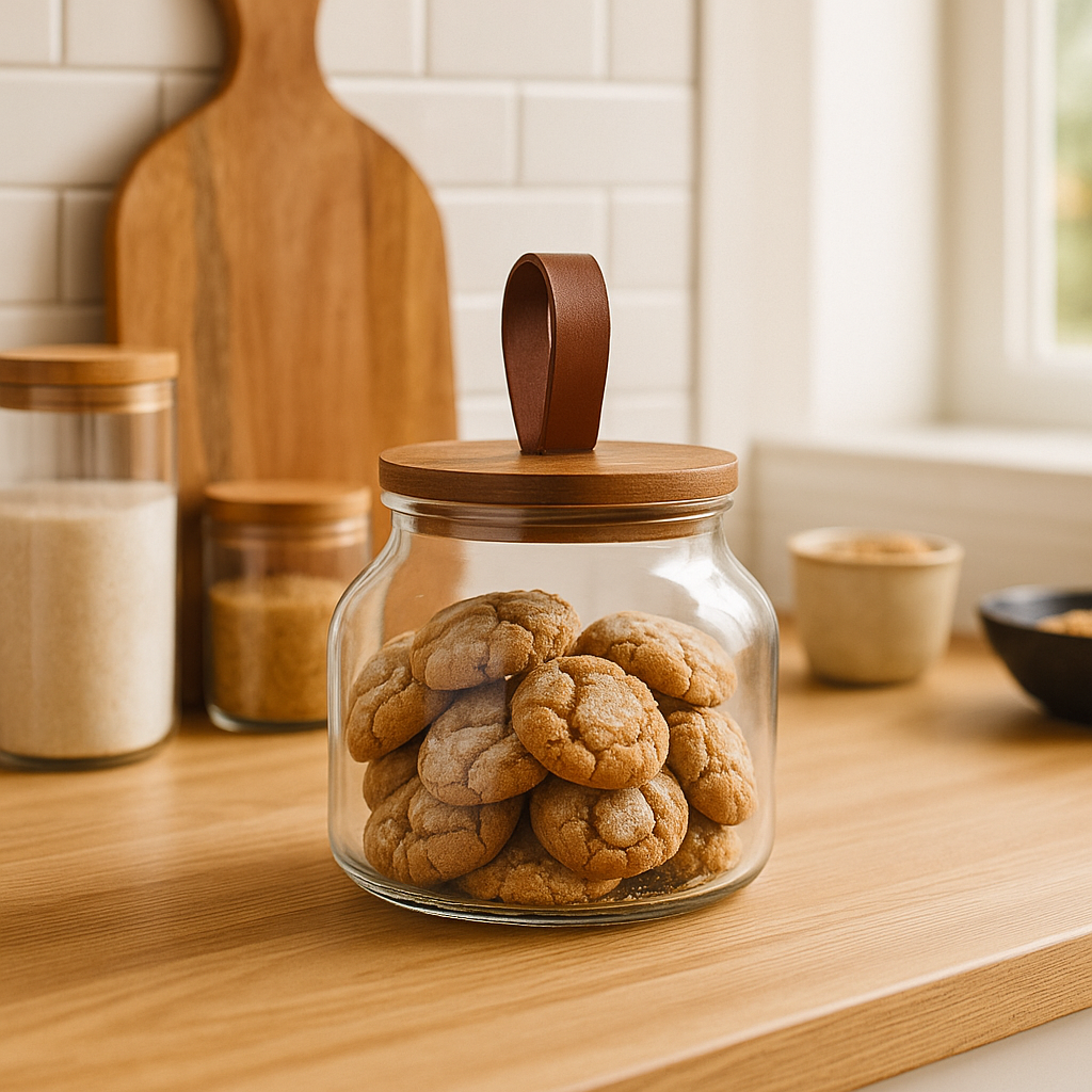 RECIPIENTE VIDRIO 2L TAPA MADERA Y CUERO