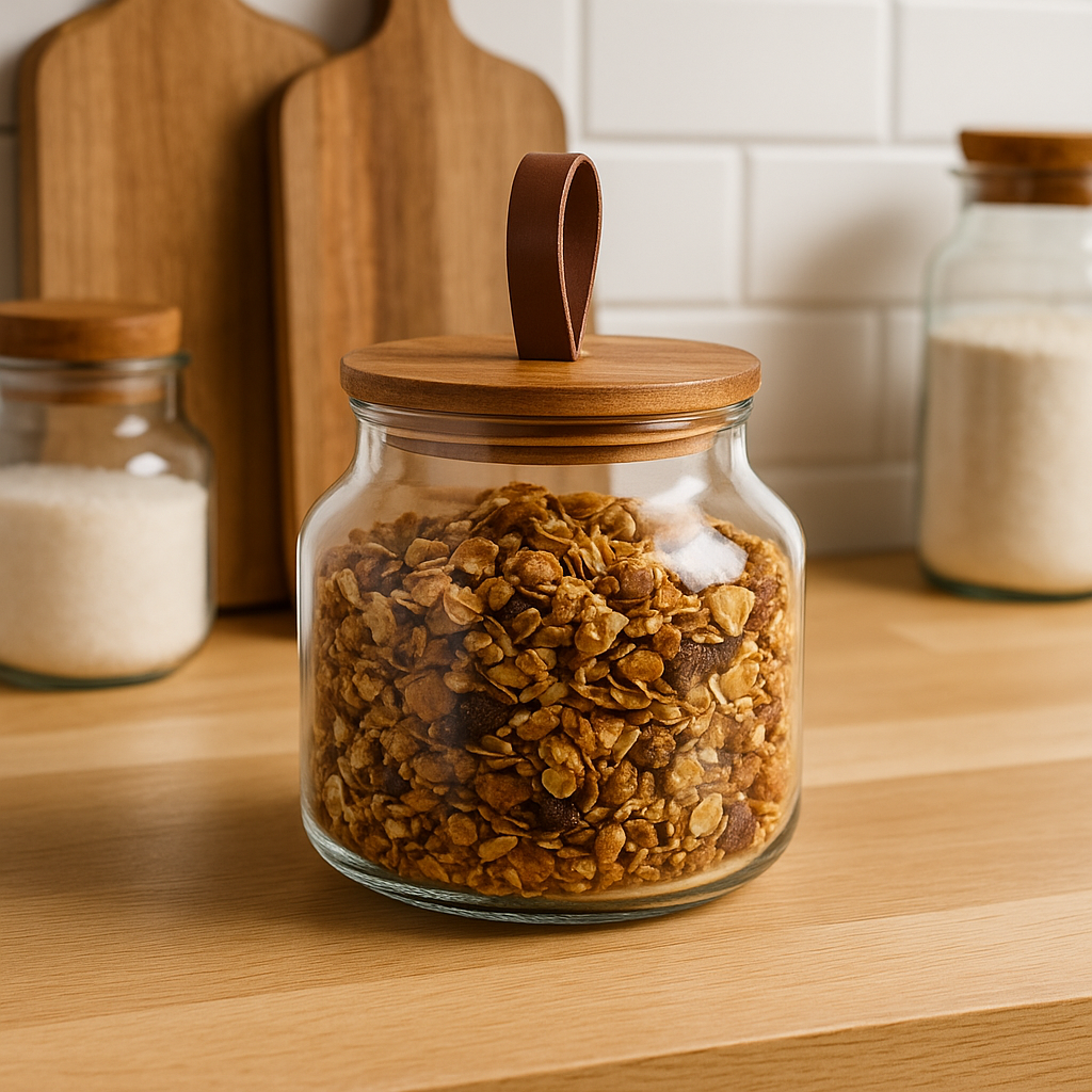 RECIPIENTE VIDRIO 3L TAPA MADERA Y CUERO