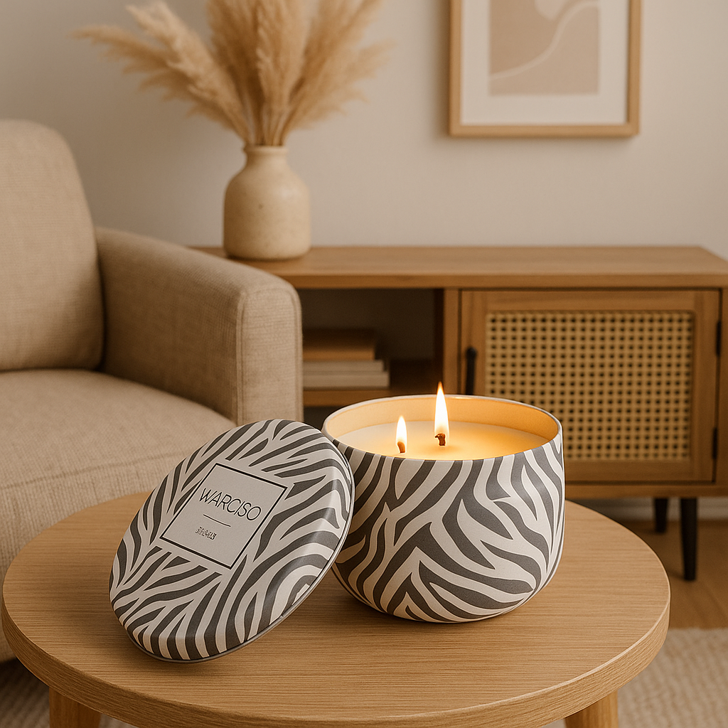VELA AROMATICA 370ML LATA DISEÑO CEBRA