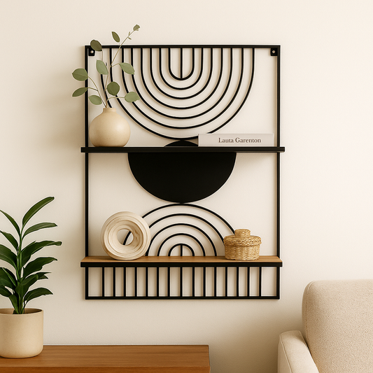 REPISA 2 NIVELES CIRCULOS METAL Y MADERA 40.5X64X3 CM