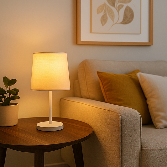 Lámpara de Mesa Portátil de Metal Blanco con Pantalla de Tela