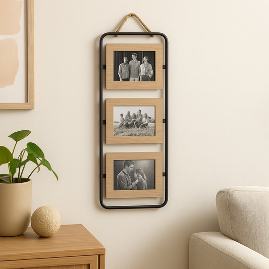 PORTARRETRATOS TRIPLE PARA COLGAR METAL Y MADERA 23X55X1 CM