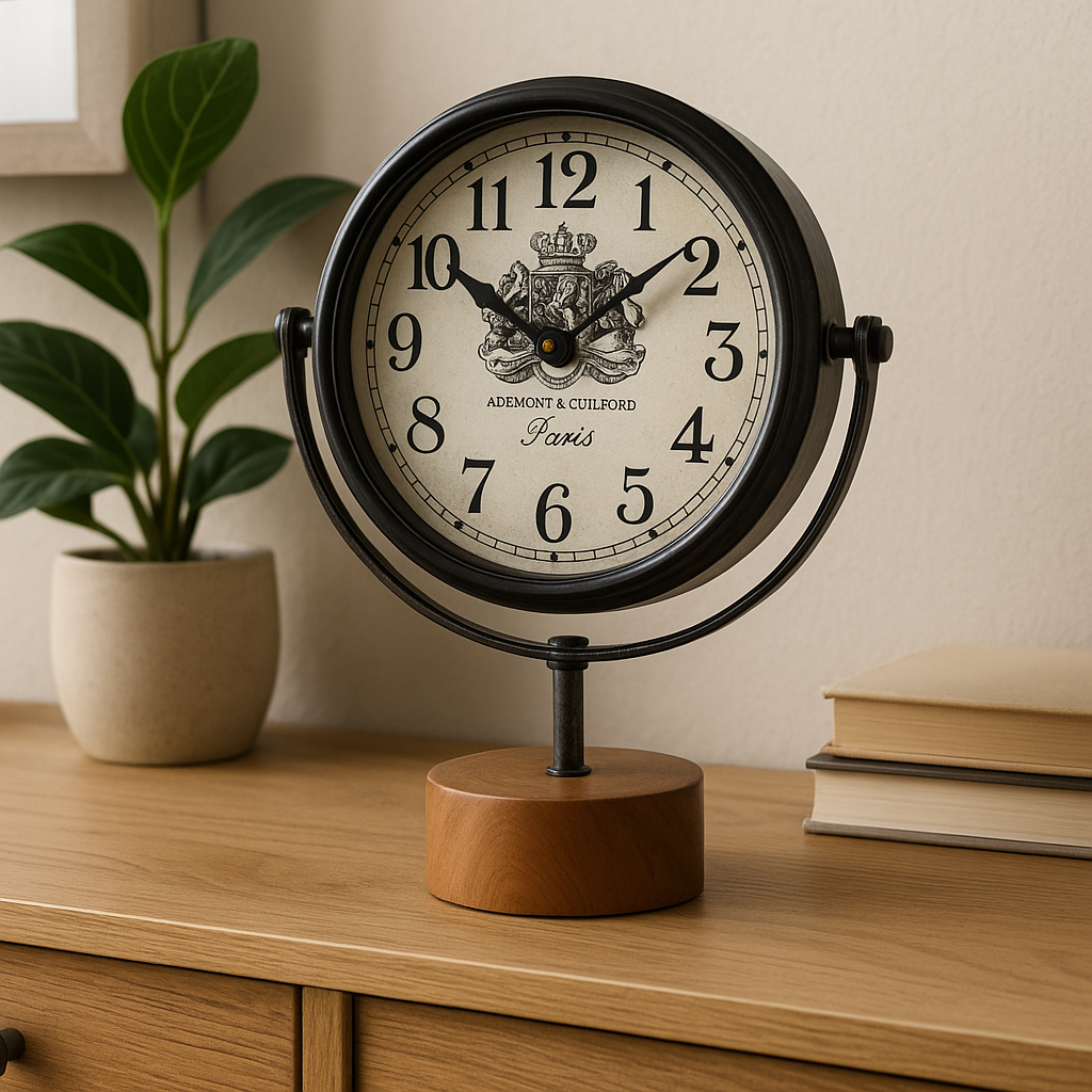 RELOJ DE MESA HIERRO D19X25X9CM BASE MADERA