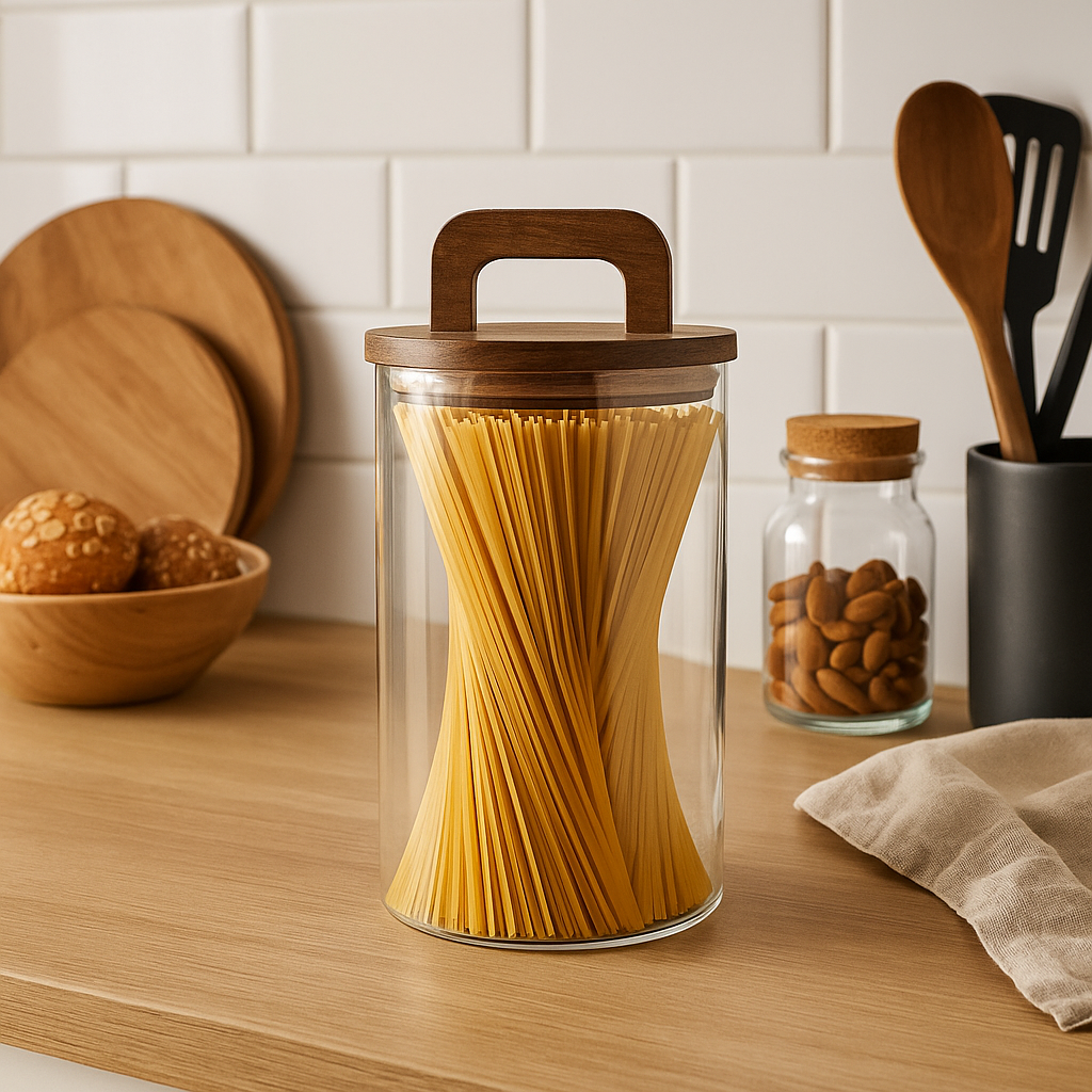 RECIPIENTE BORO 800ML TAPA MADERA ACACIA D10XH17.3CM