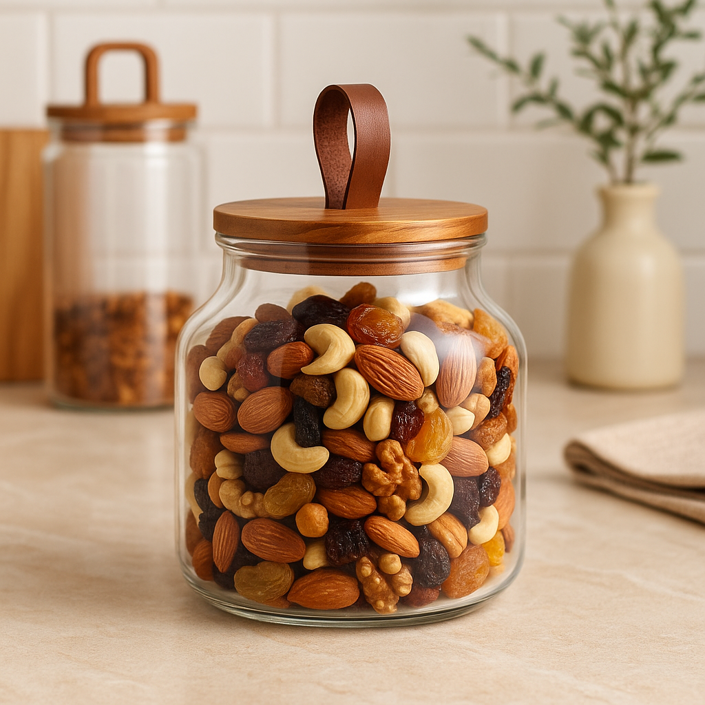 RECIPIENTE VIDRIO 3L TAPA MADERA Y CUERO