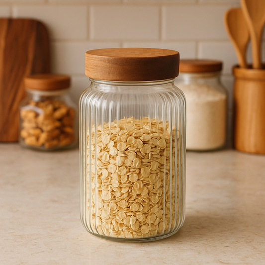 RECIPIENTE VIDRIO LABRADO C/TAPA MADERA 1200ML 11X11X20CM