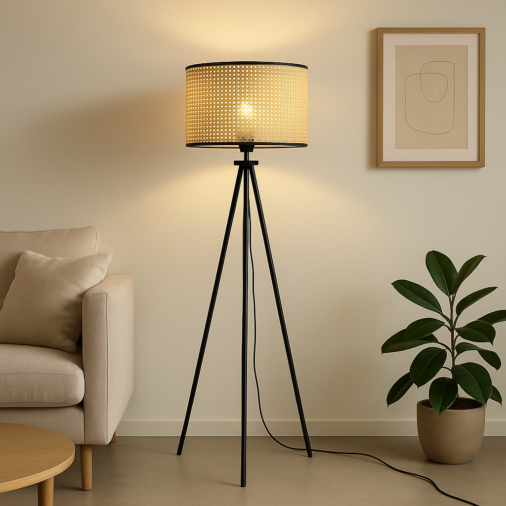 Lámpara de Pie ORLANDO – Diseño Elegante en Madera y Ratán