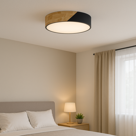 Plafón Redondo Tela Negra/Madera