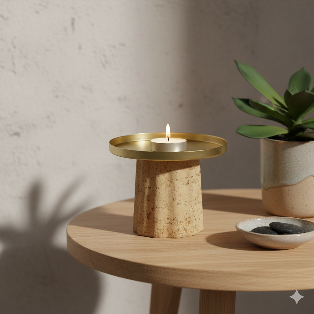 Candelabro Artesanal con Base de Corcho y Bandeja Dorada