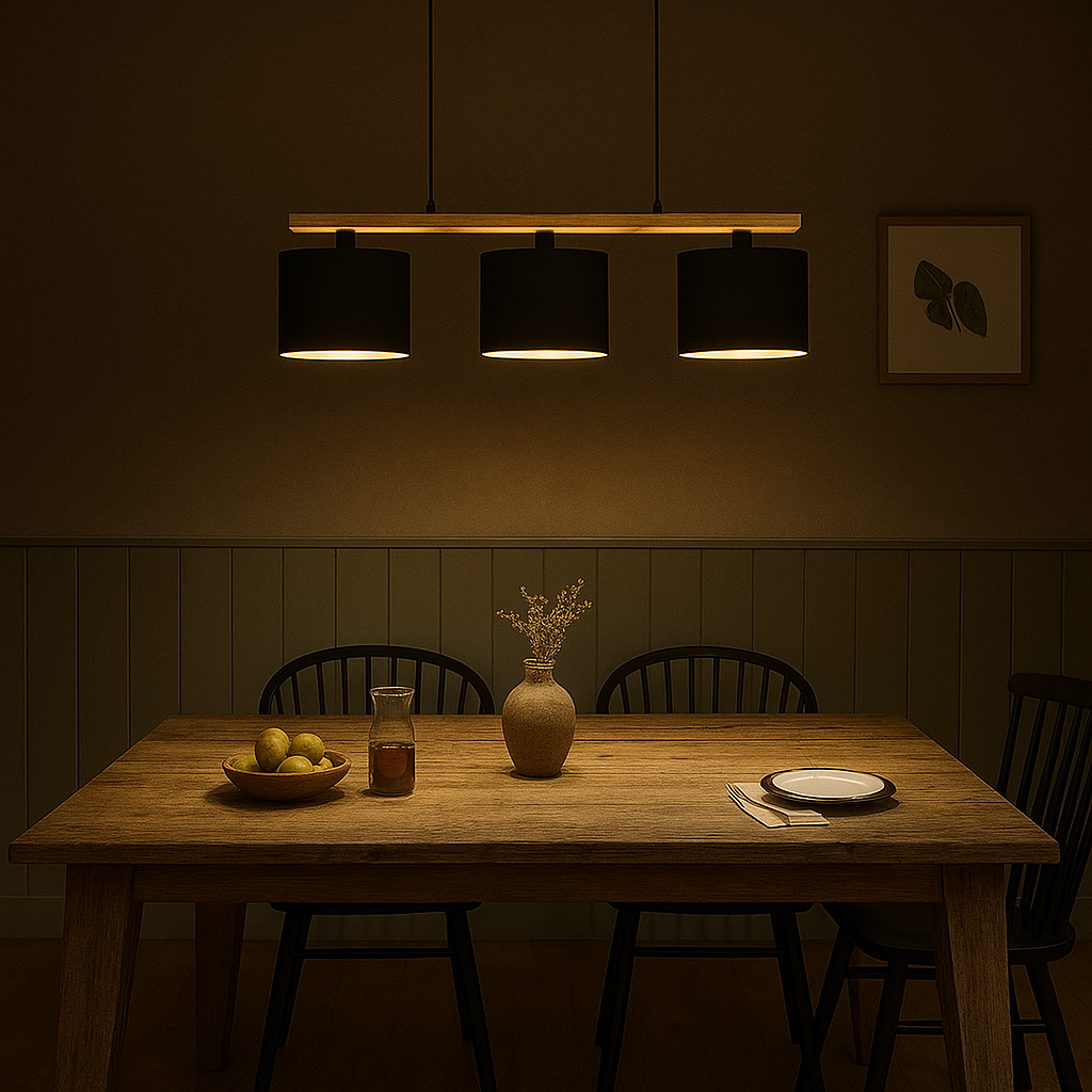 Colgante de Acero/Madera Pantalla Textil Negro