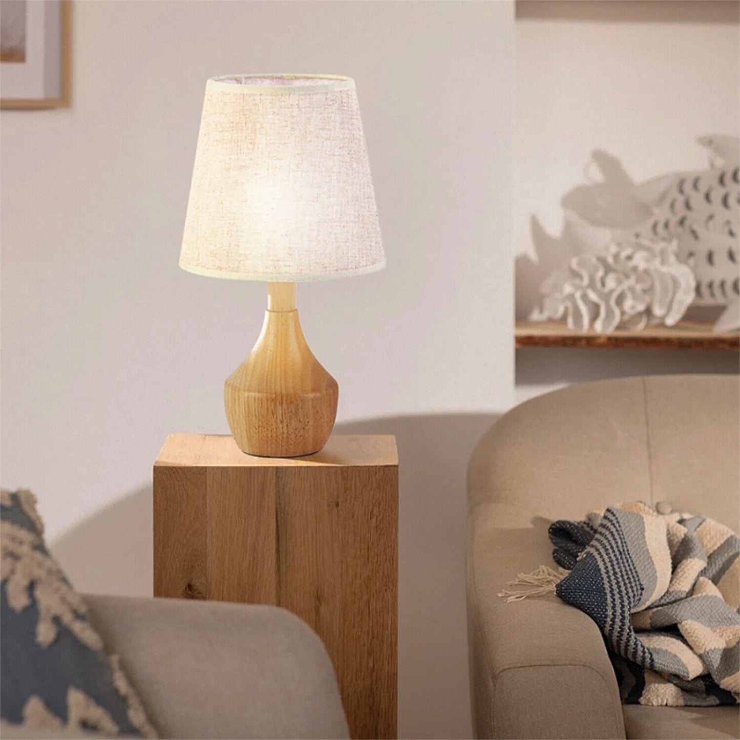 Lámpara de Mesa Portátil de Madera con Pantalla Textil Beige