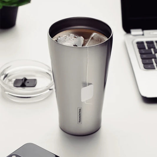 VASO TERMICO PLATEADO CON TAPA 550ML. "EXATA"