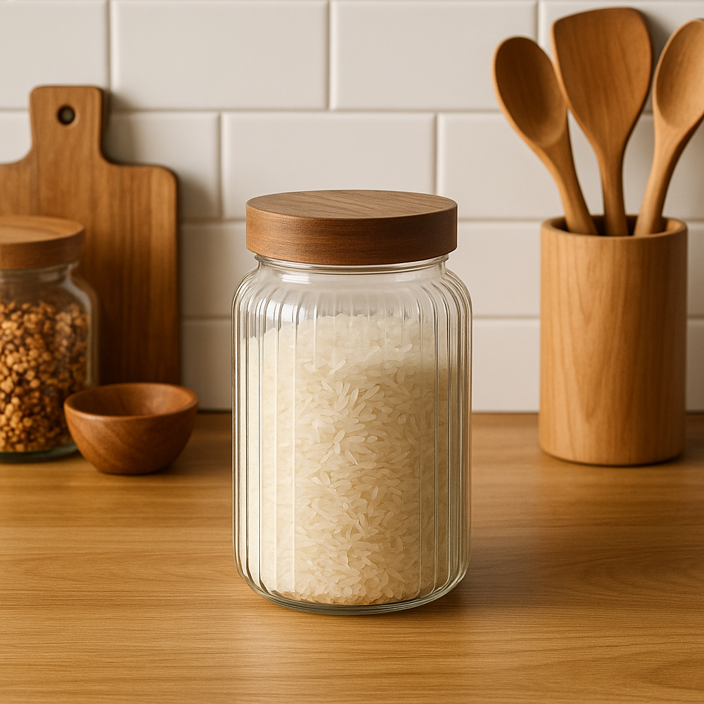 RECIPIENTE VIDRIO LABRADO C/TAPA MADERA 1000ML 11X11X16.5CM