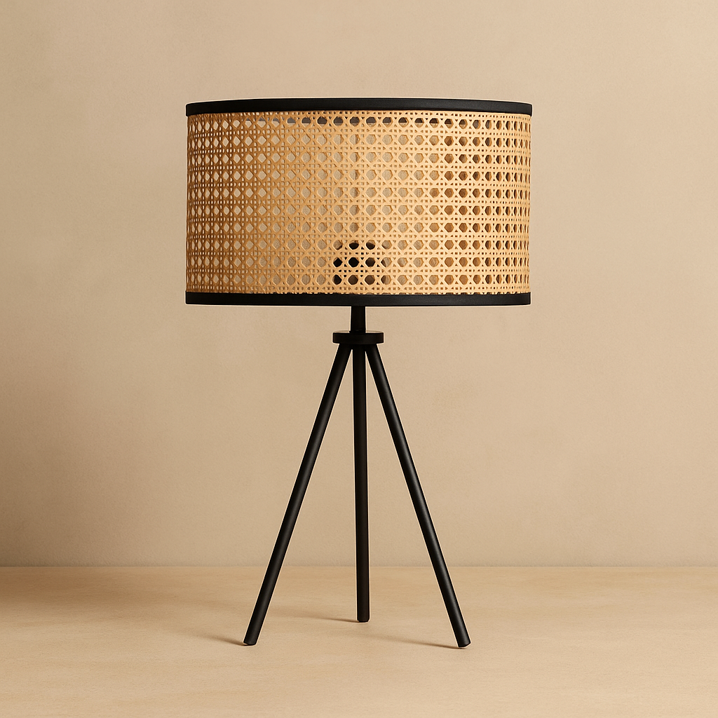 Lámpara de Mesa Amelio – Ratán Natural & Estructura Negra