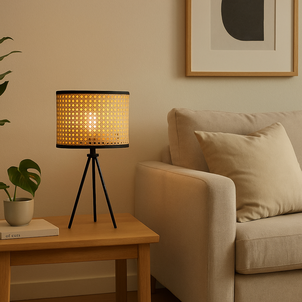 Lámpara de Mesa Amelio – Ratán Natural & Estructura Negra