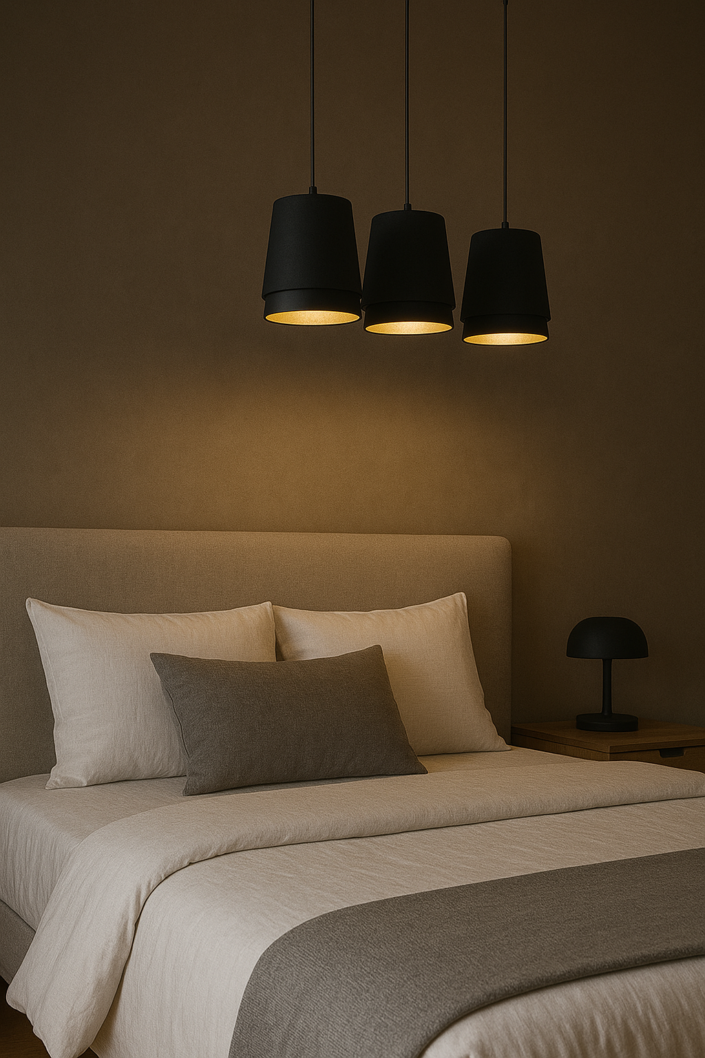 Colgante de Acero Negro/Madera Pantalla Textil