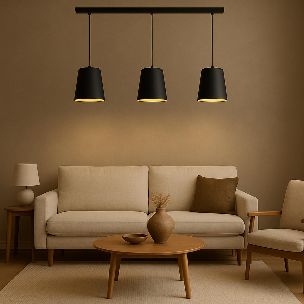 Colgante de Acero Negro/Madera Pantalla Textil