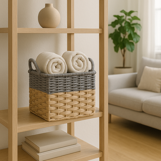 CESTO C/ASAS 27X27X25CM TEJ. CORDON PAPEL NAT/GRIS