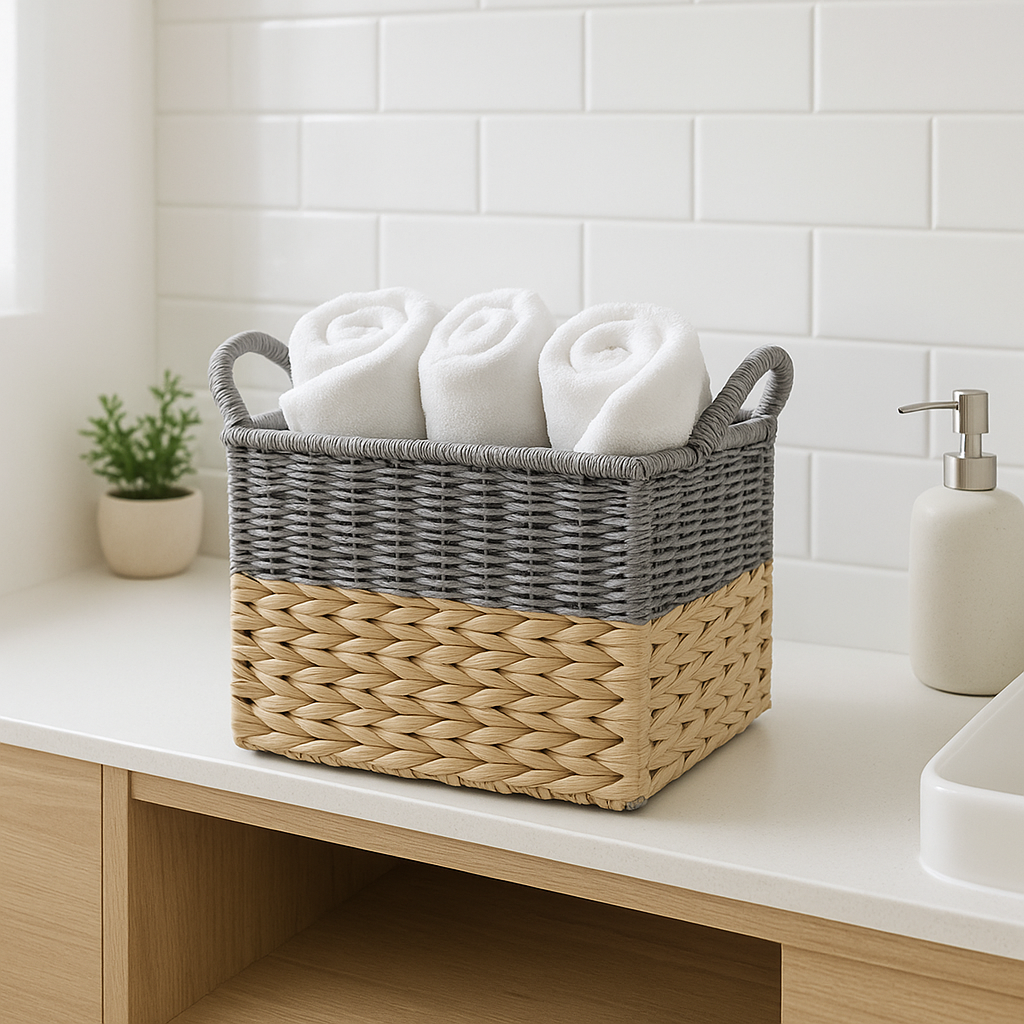 CESTO C/ASAS 31X31X27CM TEJ. CORDON PAPEL NAT/GRIS