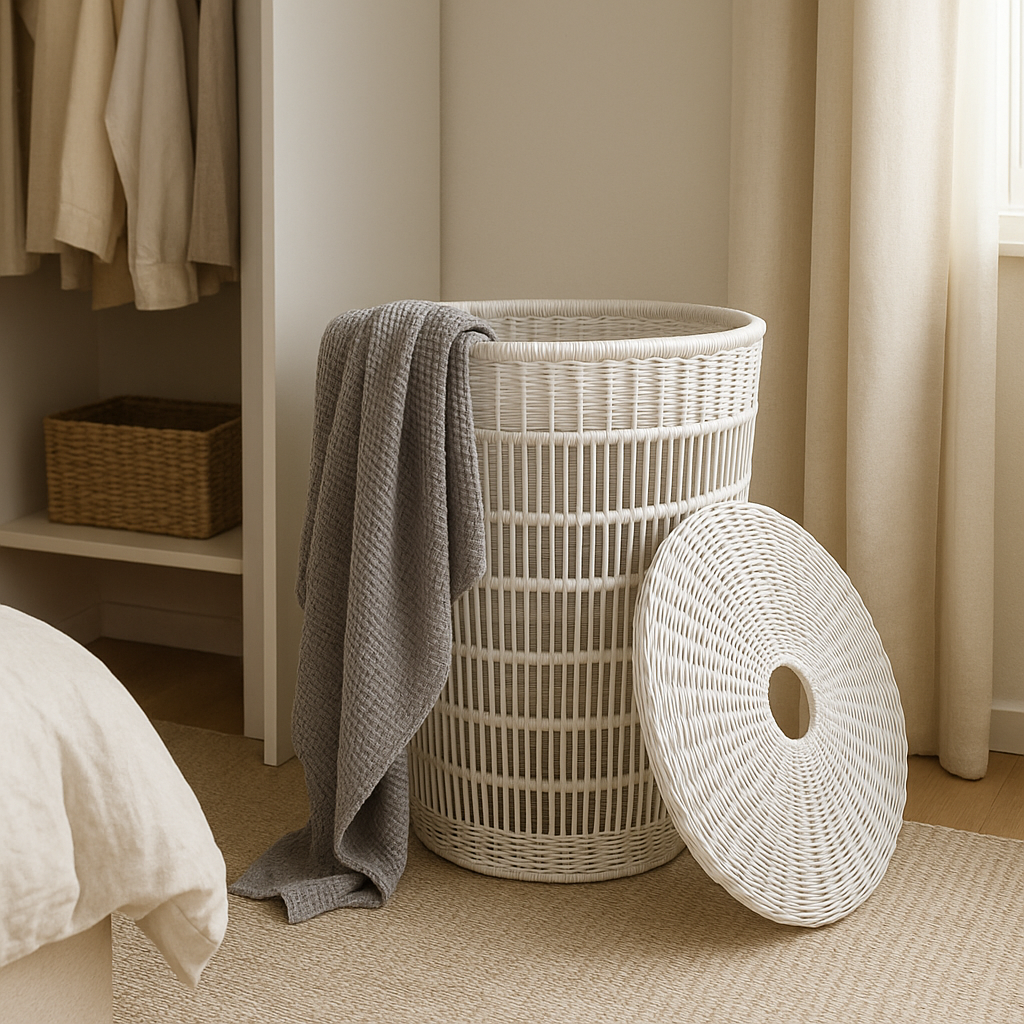 CESTO C/TAPA D42X56CM PLASTICO SIMIL RATAN BLANCO