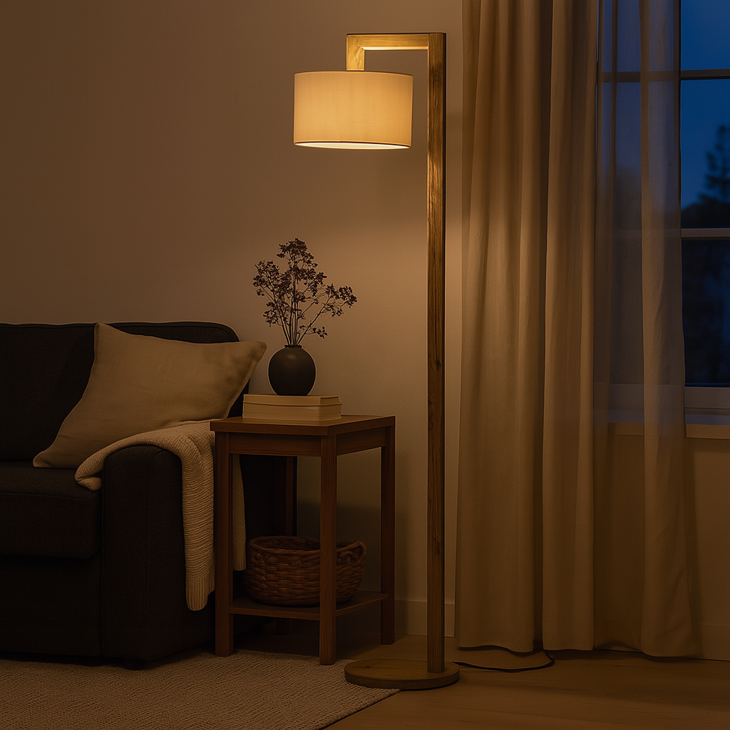 Portátil de Pie en Madera y Tela Blanca 1xE27 Altura 1550cm