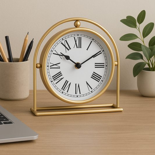 RELOJ DE MESA HIERRO D18.5X7.5X19CM SEMICIRCULO DORADO