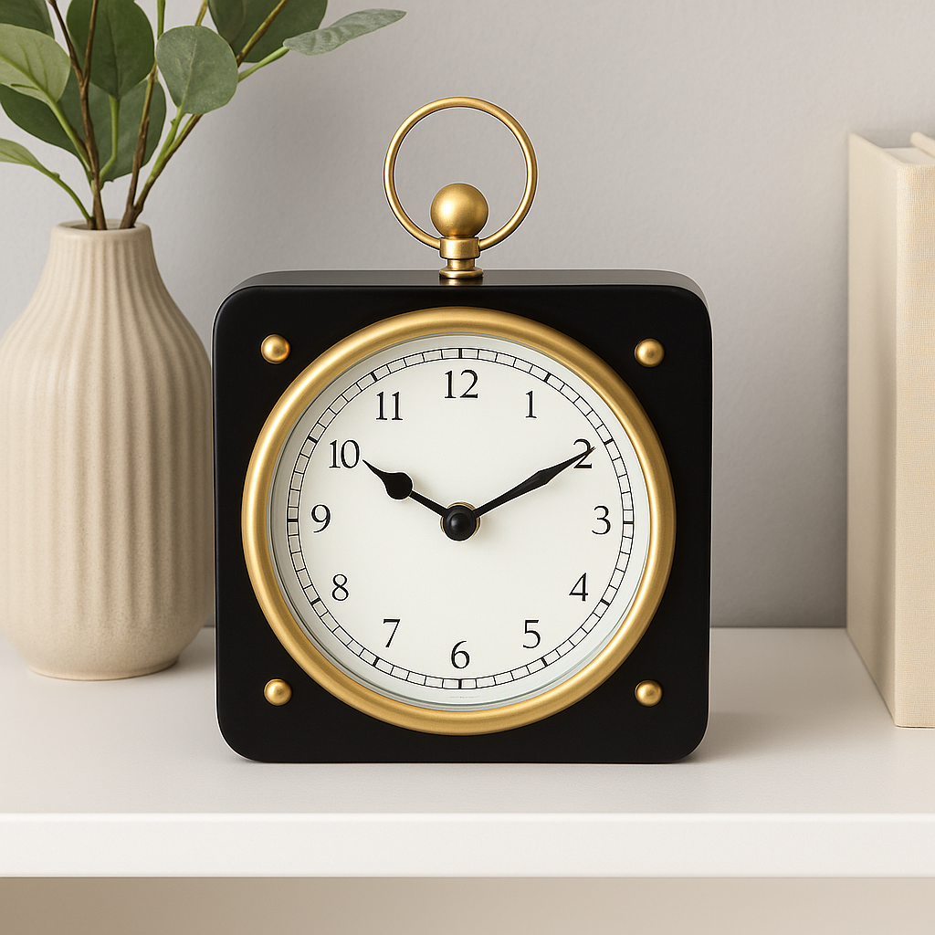 RELOJ DE MESA HIERRO D19X26X7CM CUADRADO BORDE DORADO