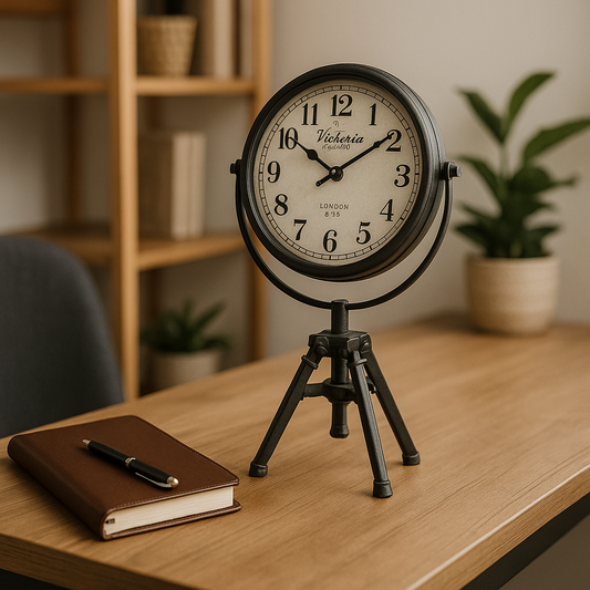 RELOJ DE MESA, ANIQUE CON BASE TRÍPODE 20X31X11.5 CM