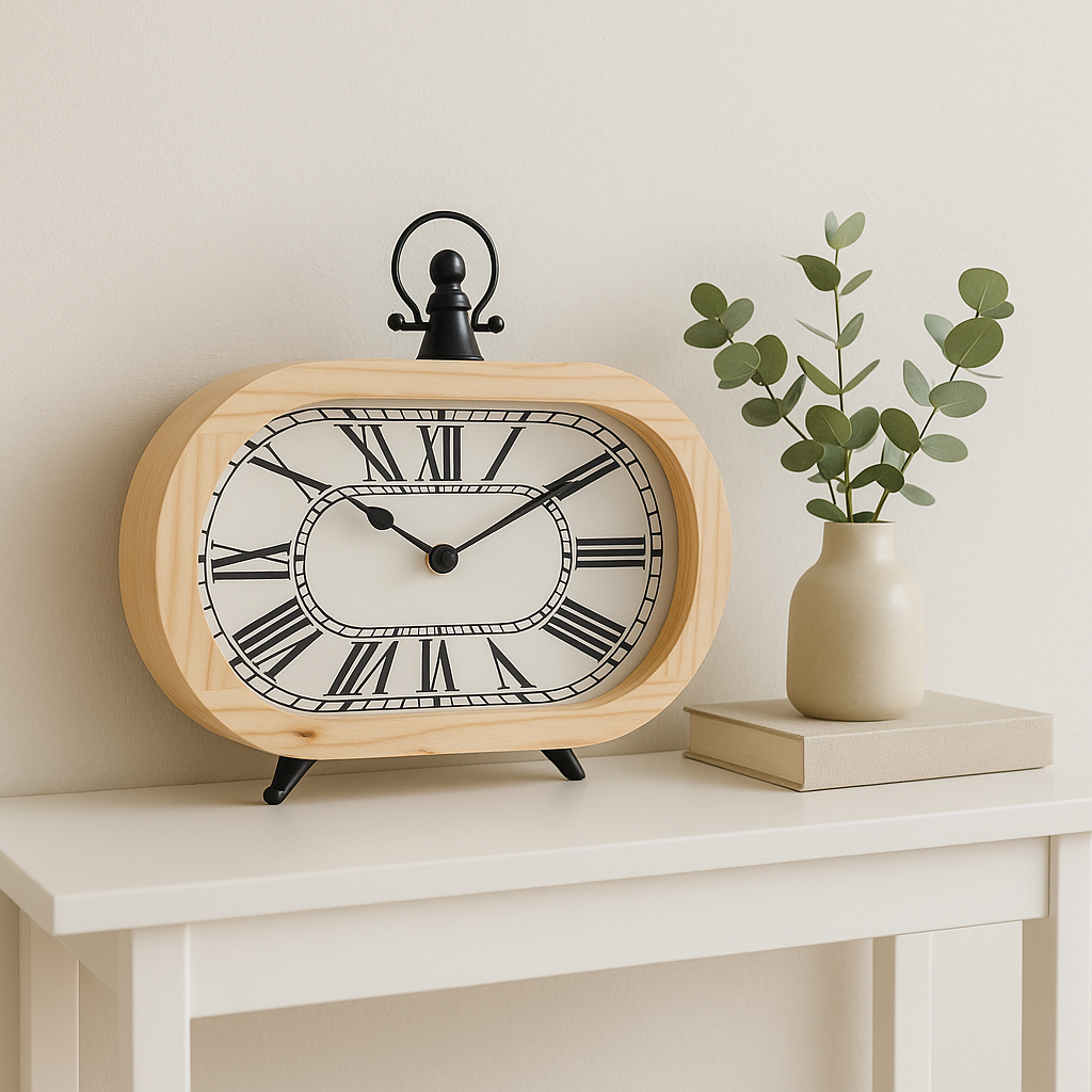RELOJ DE MESA, MADERA OVAL 25X21.5X6 CM