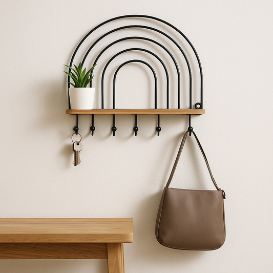 REPISA PERCHERO 6 COLGADORES METAL Y MADERA 40X40X8.5 CM