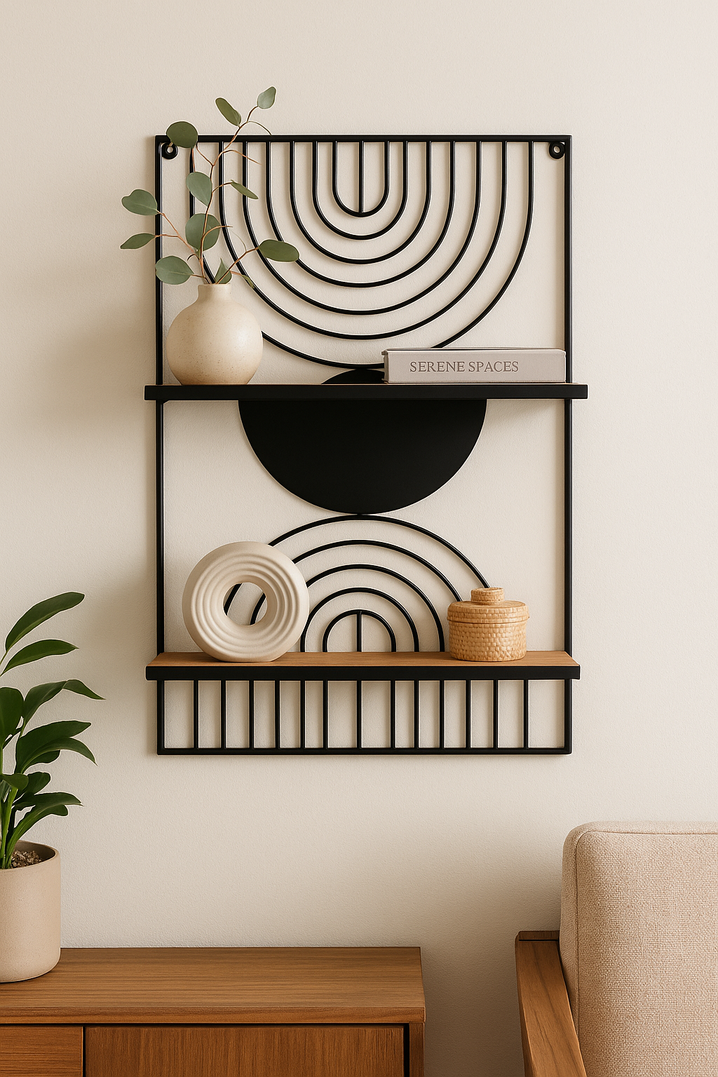 REPISA 2 NIVELES CIRCULOS METAL Y MADERA 40.5X64X3 CM