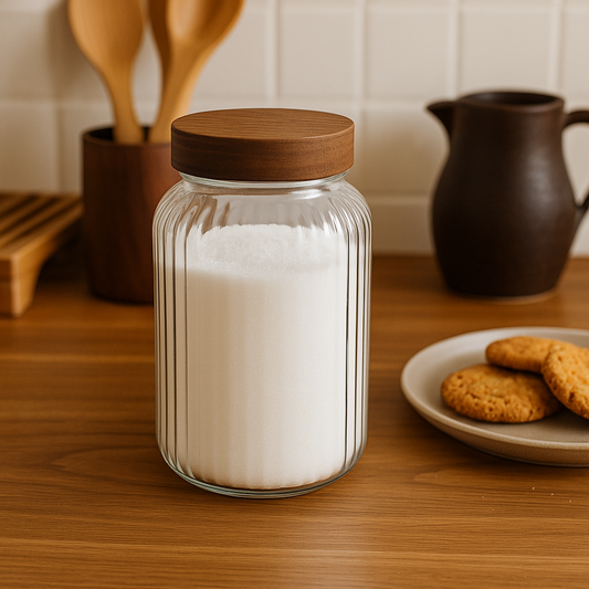 RECIPIENTE VIDRIO LABRADO C/TAPA MADERA 1000ML 11X11X16.5CM