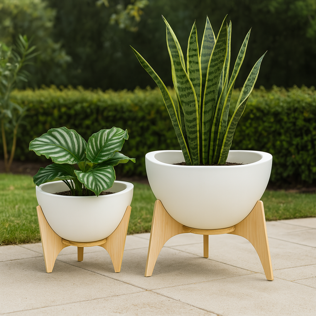 MACETA C/BASE MADERA 38X20CM TRYAS BLANCO