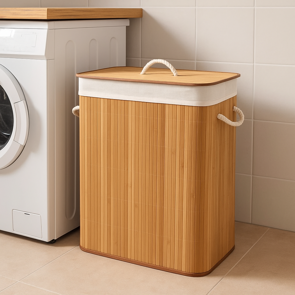 CESTO PELGABLE 52X32X60CMS DOS DIVISIONES C/TAPA FUNDA BAMBU NAT.