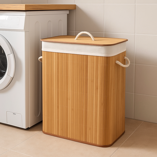 CESTO PELGABLE 52X32X60CMS DOS DIVISIONES C/TAPA FUNDA BAMBU NAT.