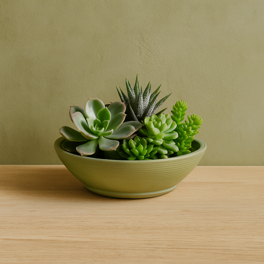 MACETA "INDI" Ø40 X 13CM. VERDE OLIVA C/ PLATO