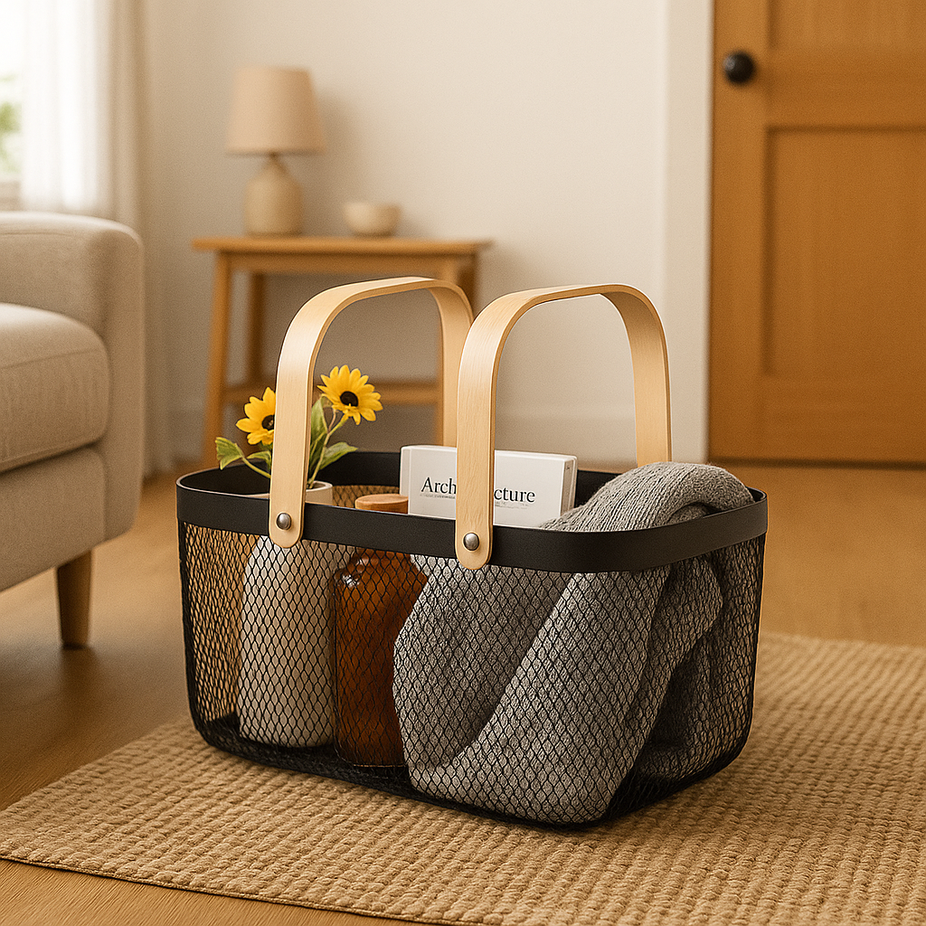 CANASTA METALICA ASAS DE BAMBU 37X22X17CM LH-3669