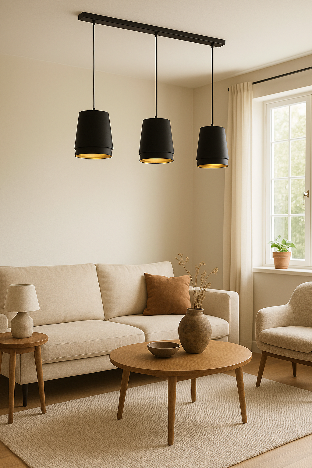 Colgante de Acero Negro/Madera Pantalla Textil