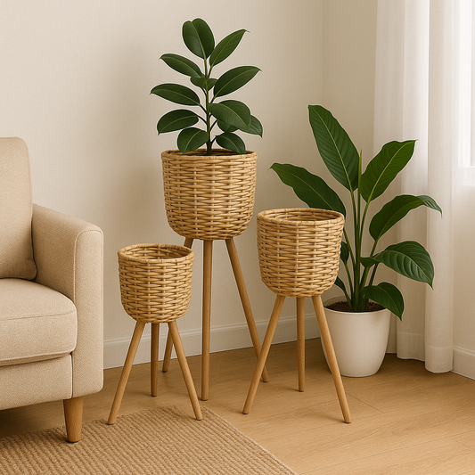 Macetero de rattan con soporte de madera set x3