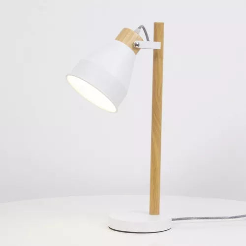 Lámpara de Mesa Combinada - Madera y Metal Blanco