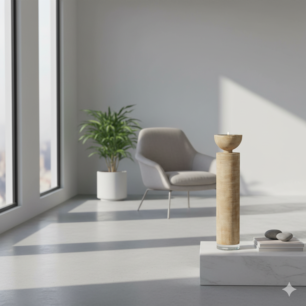 Candelabro Alto de Madera Natural y Vidrio