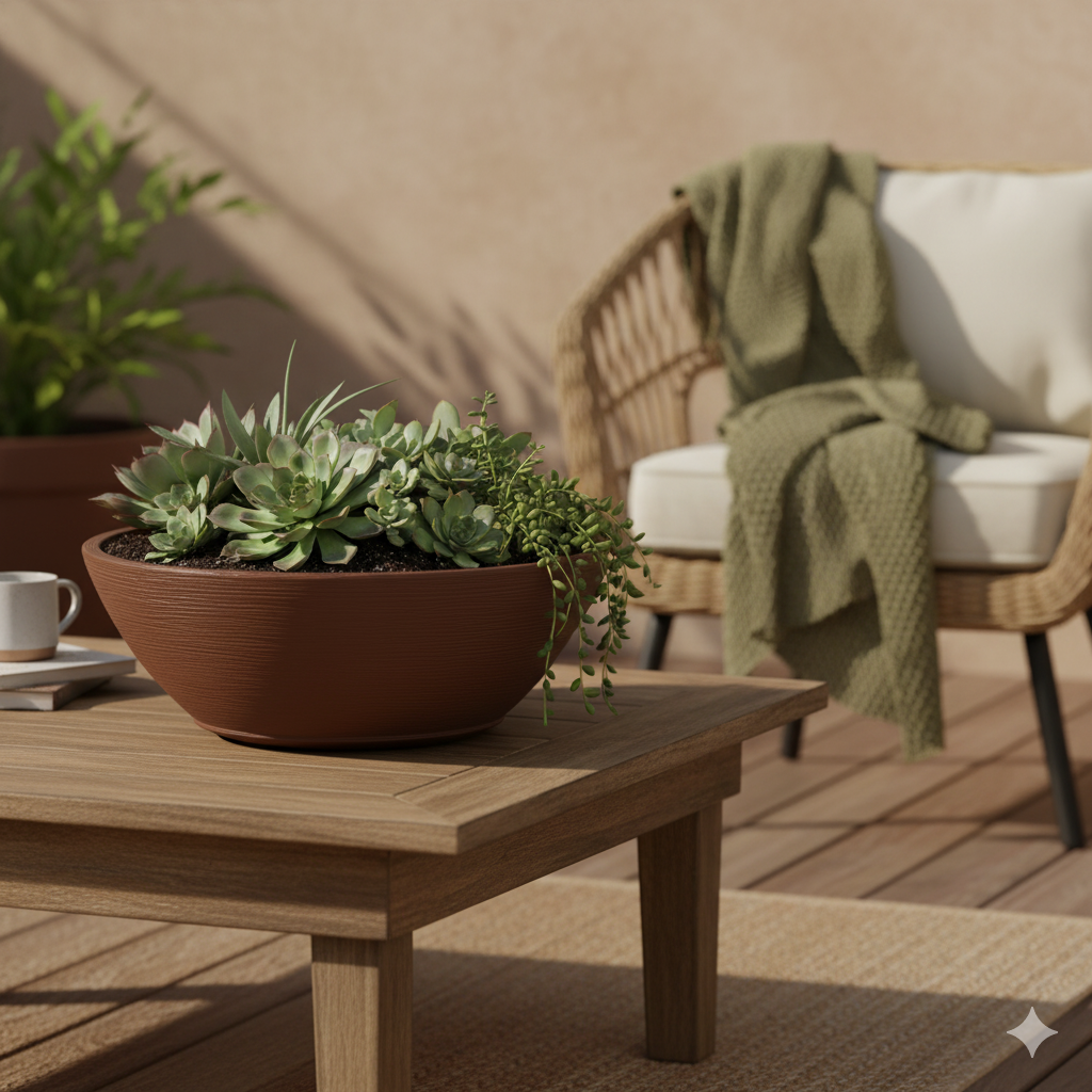 MACETA "INDI" Ø65 X 22CM. MARRON C/ PLATO