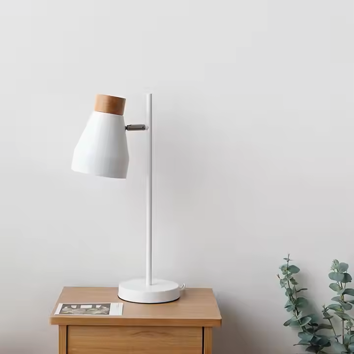 Lámpara de Mesa Combinada - Madera y Metal Blanco