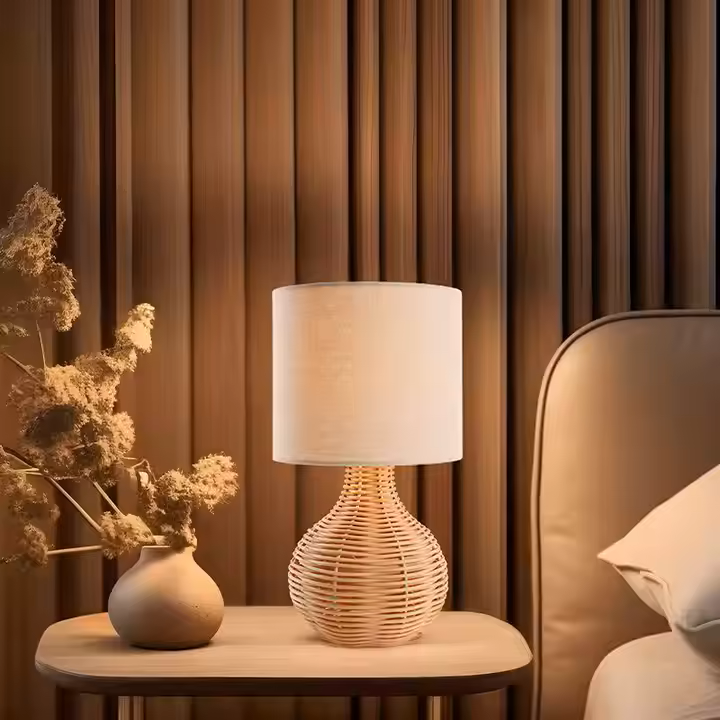 Lámpara de Mesa Portátil de Ratán con Pantalla Textil