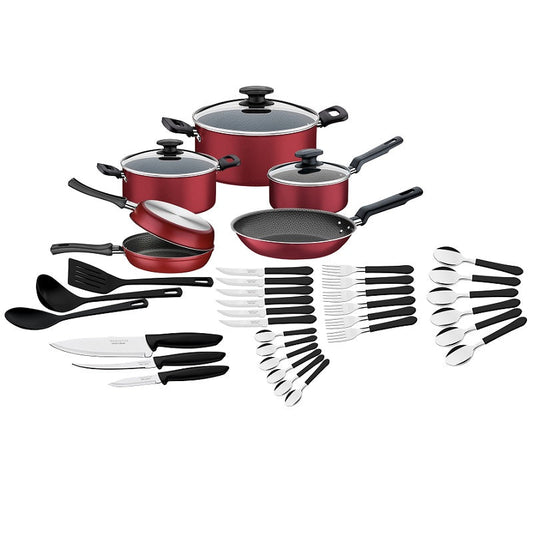 BATERIA DE COCINA ROJA + CUBIERTOS, 38 PIEZAS