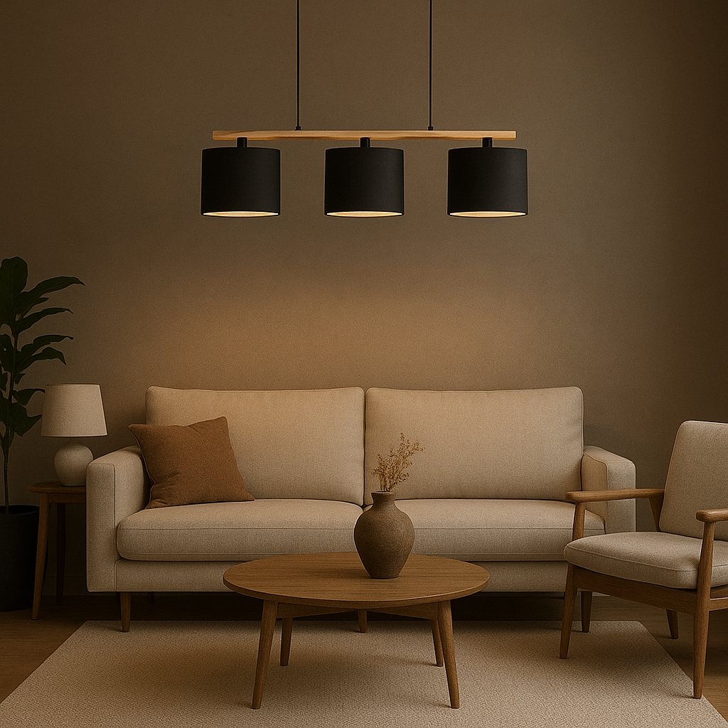 Colgante de Acero/Madera Pantalla Textil Negro