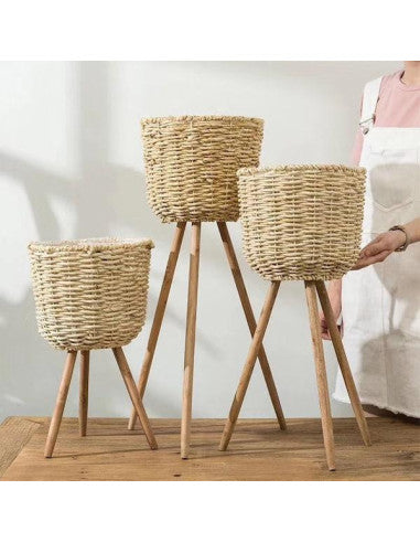 Macetero de rattan con soporte de madera set x3